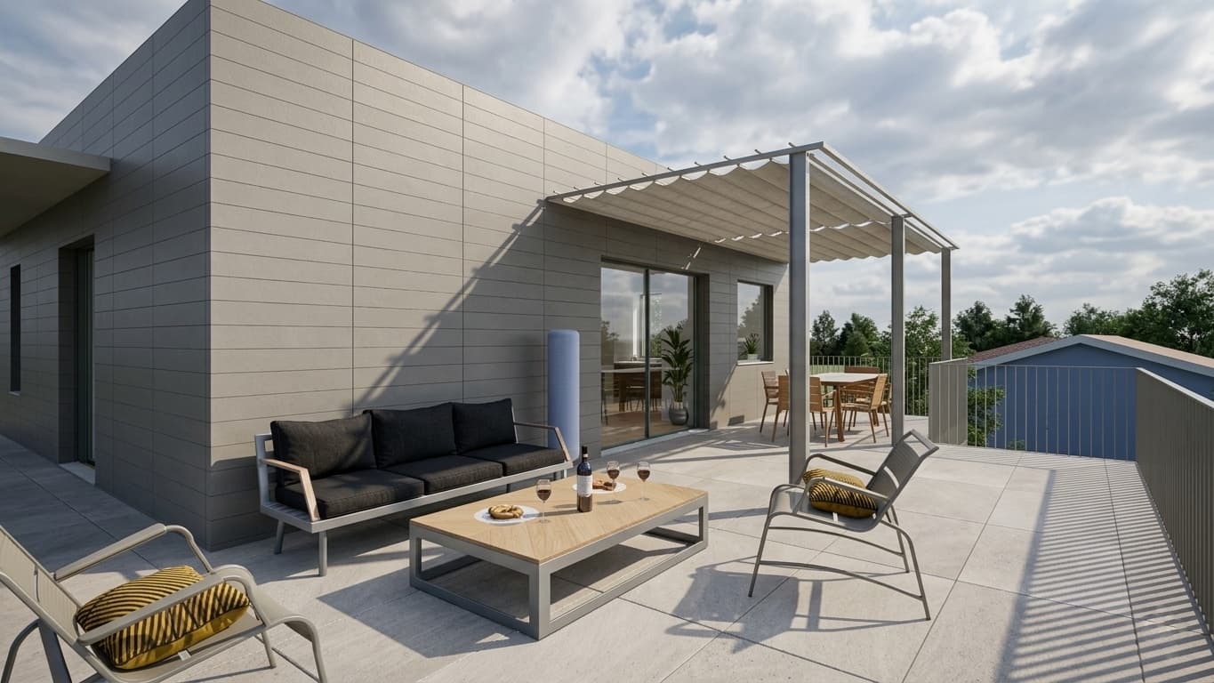 Terrazzo panoramico dell'attico di Residenza Pedaggio, con pergola, divano e zona pranzo all'aperto