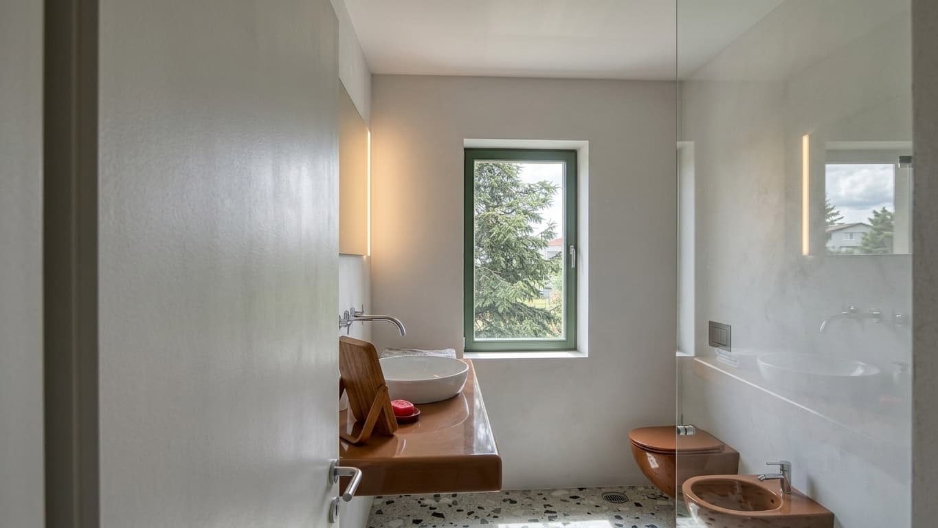 Bagno con lavabo d'appoggio, doccia in cristallo e pavimento in graniglia, Residenza Pedaggio