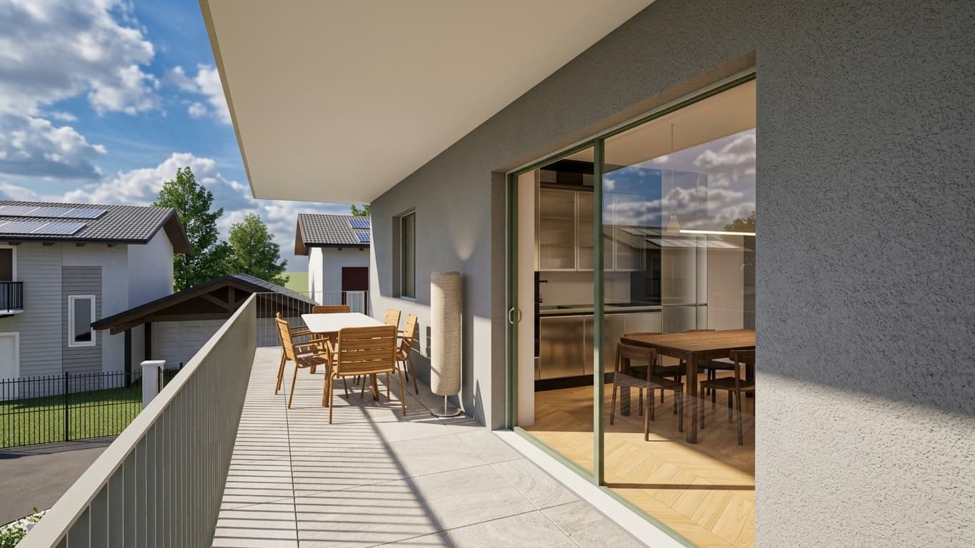 Terrazzo perimetrale del piano primo con tavolo da pranzo e vetrata sulla zona giorno, Cuorgnè
