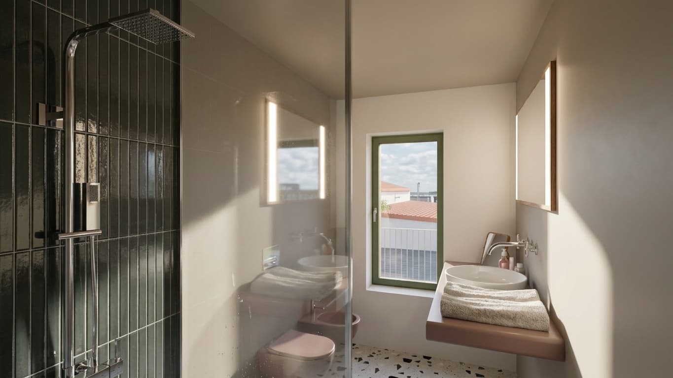 Bagno dell'attico con doccia rivestita in verde, lavabo d'appoggio e finestra sui tetti