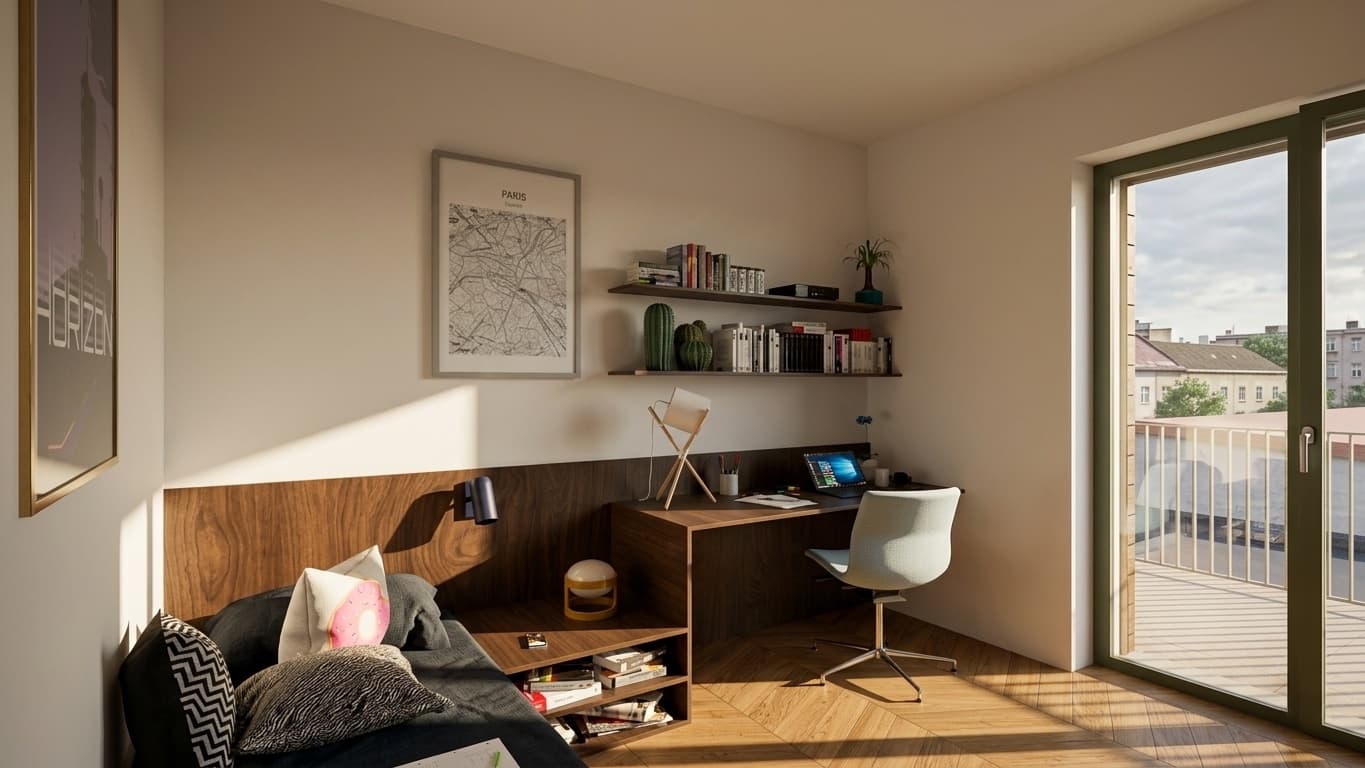 Camera studio dell'attico con scrivania, mensole libreria e porta finestra sul terrazzo