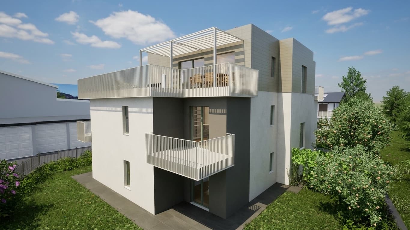 Angolo dell'edificio con balconi sovrapposti e pergola sul terrazzo dell'attico, Cuorgnè