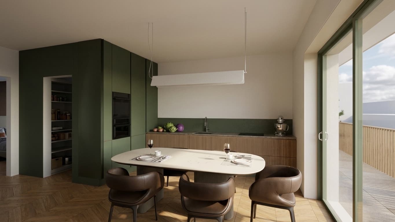 Cucina a vista con dispensa e tavolo ovale affacciato sulla vetrata, Residenza Pedaggio a Cuorgnè